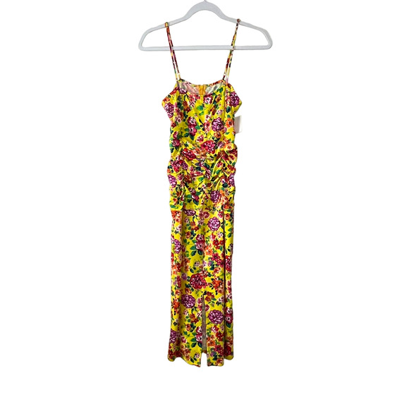 19 Cooper Yellow Floral Ruched Front Slit Midi Dress NWT Size Medium - Picture 2 of 10